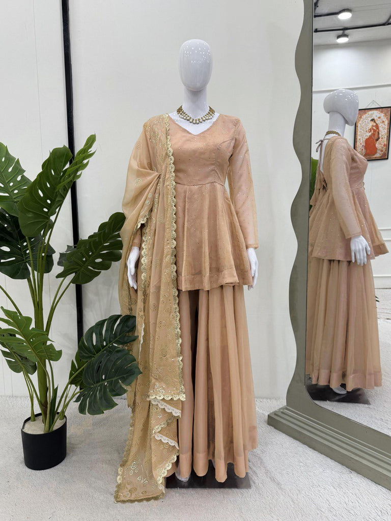 Cream Tabby Organza Work Suit Set with Plazo & Dupatta ClothsVilla