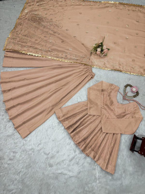 Cream Tabby Organza Work Suit Set with Plazo & Dupatta ClothsVilla