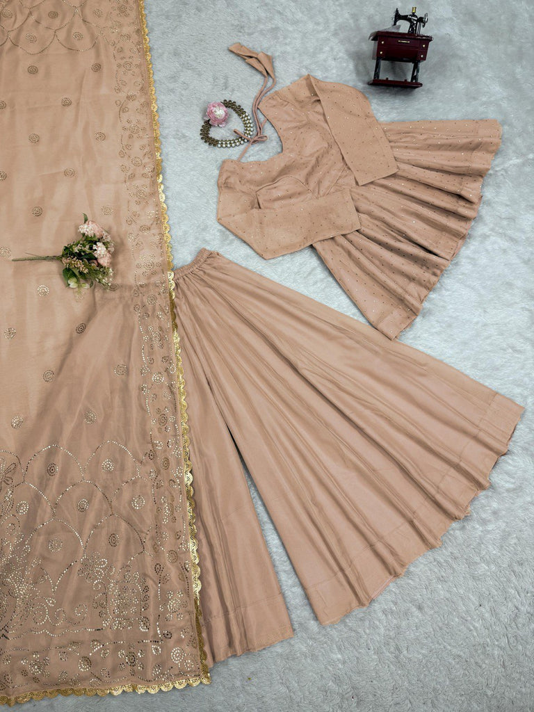 Cream Tabby Organza Work Suit Set with Plazo & Dupatta ClothsVilla