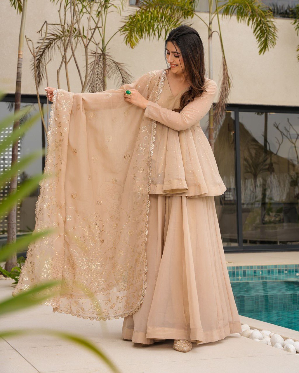 Cream Tabby Organza Work Suit Set with Plazo & Dupatta ClothsVilla