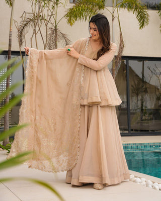 Cream Tabby Organza Work Suit Set with Plazo & Dupatta ClothsVilla
