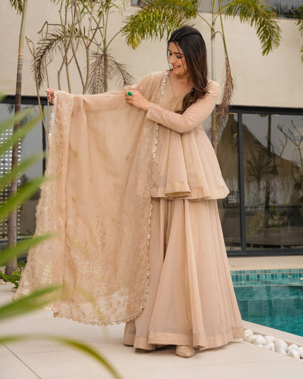 Cream Tabby Organza Work Suit Set with Plazo & Dupatta ClothsVilla