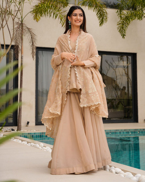 Cream Tabby Organza Work Suit Set with Plazo & Dupatta ClothsVilla
