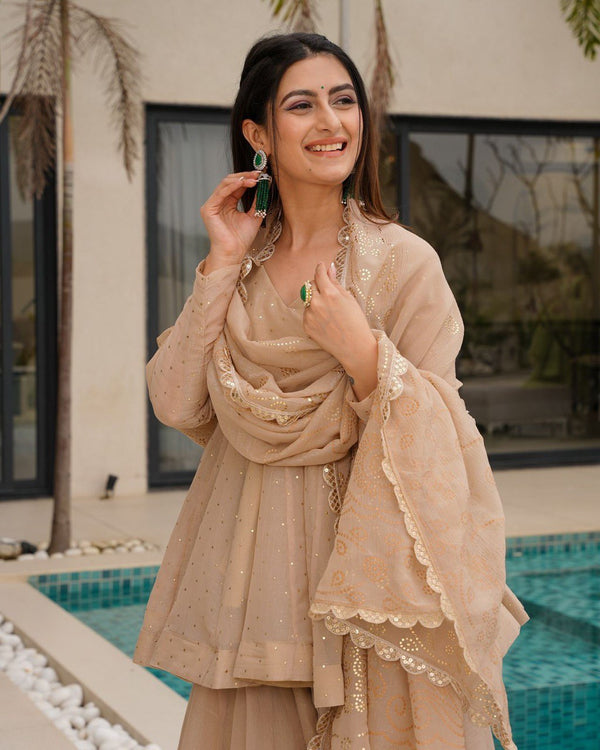 Cream Tabby Organza Work Suit Set with Plazo & Dupatta ClothsVilla