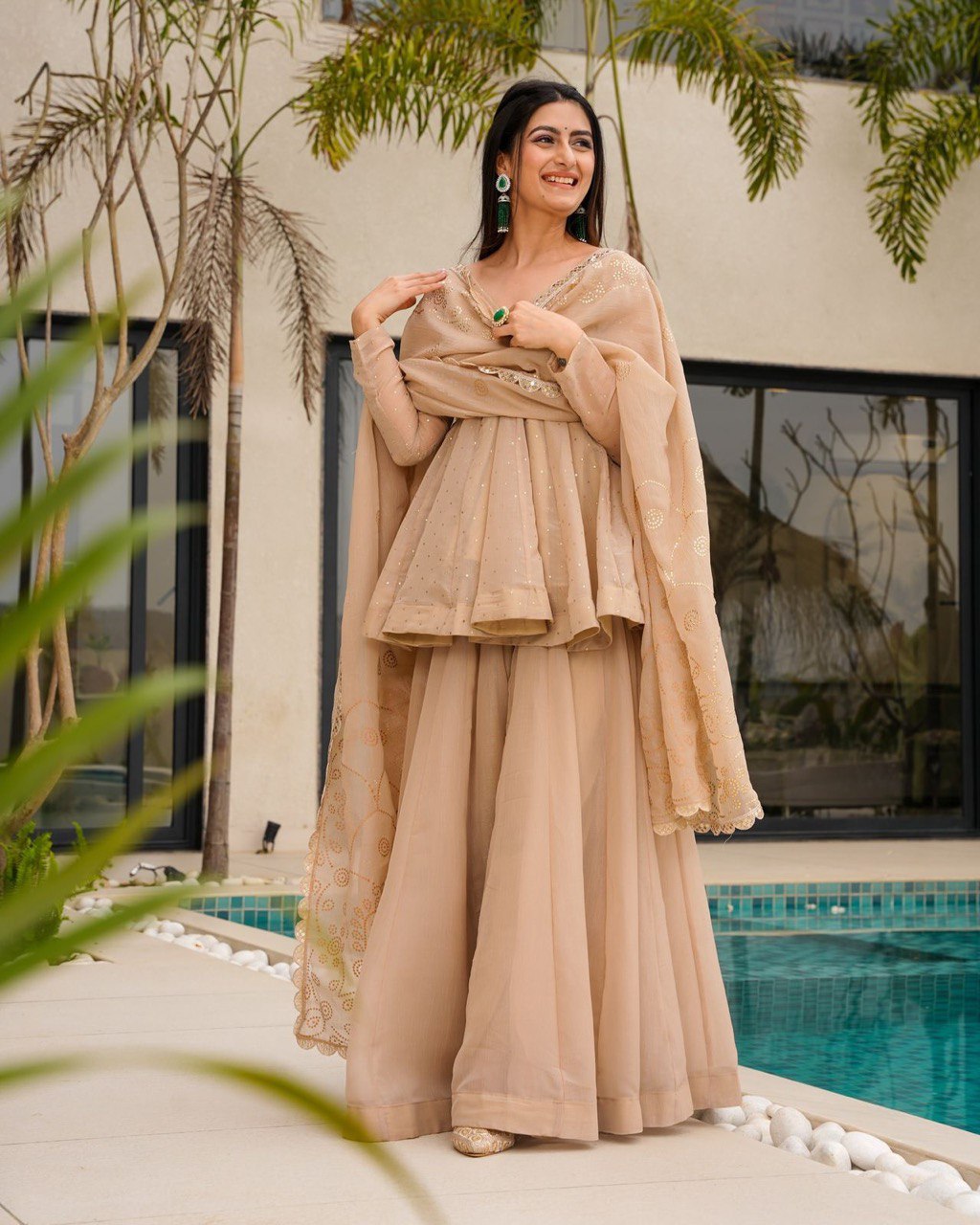 Cream Tabby Organza Work Suit Set with Plazo & Dupatta ClothsVilla
