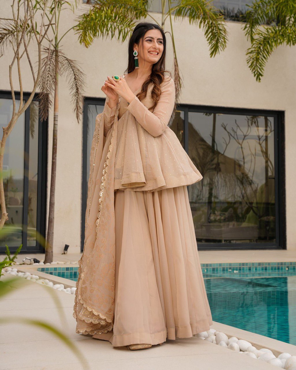 Cream Tabby Organza Work Suit Set with Plazo & Dupatta ClothsVilla