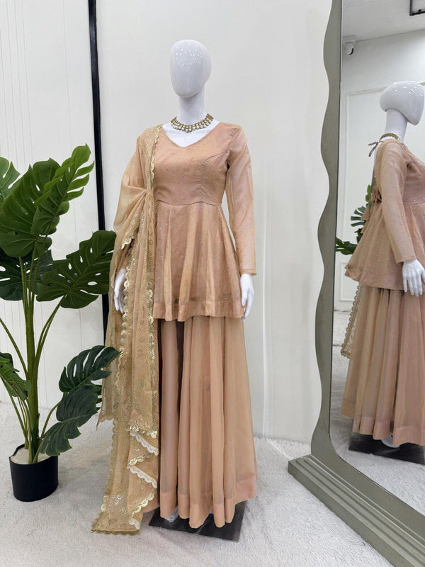 Cream Tabby Organza Work Suit Set with Plazo & Dupatta ClothsVilla
