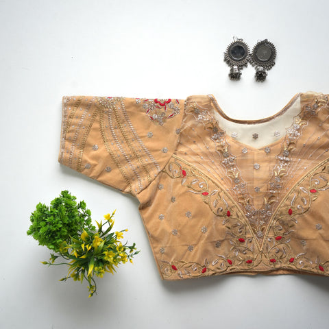 Cream Taffeta Silk Blouse with Golden Embroidery and Sequin Touch ClothsVilla Main image