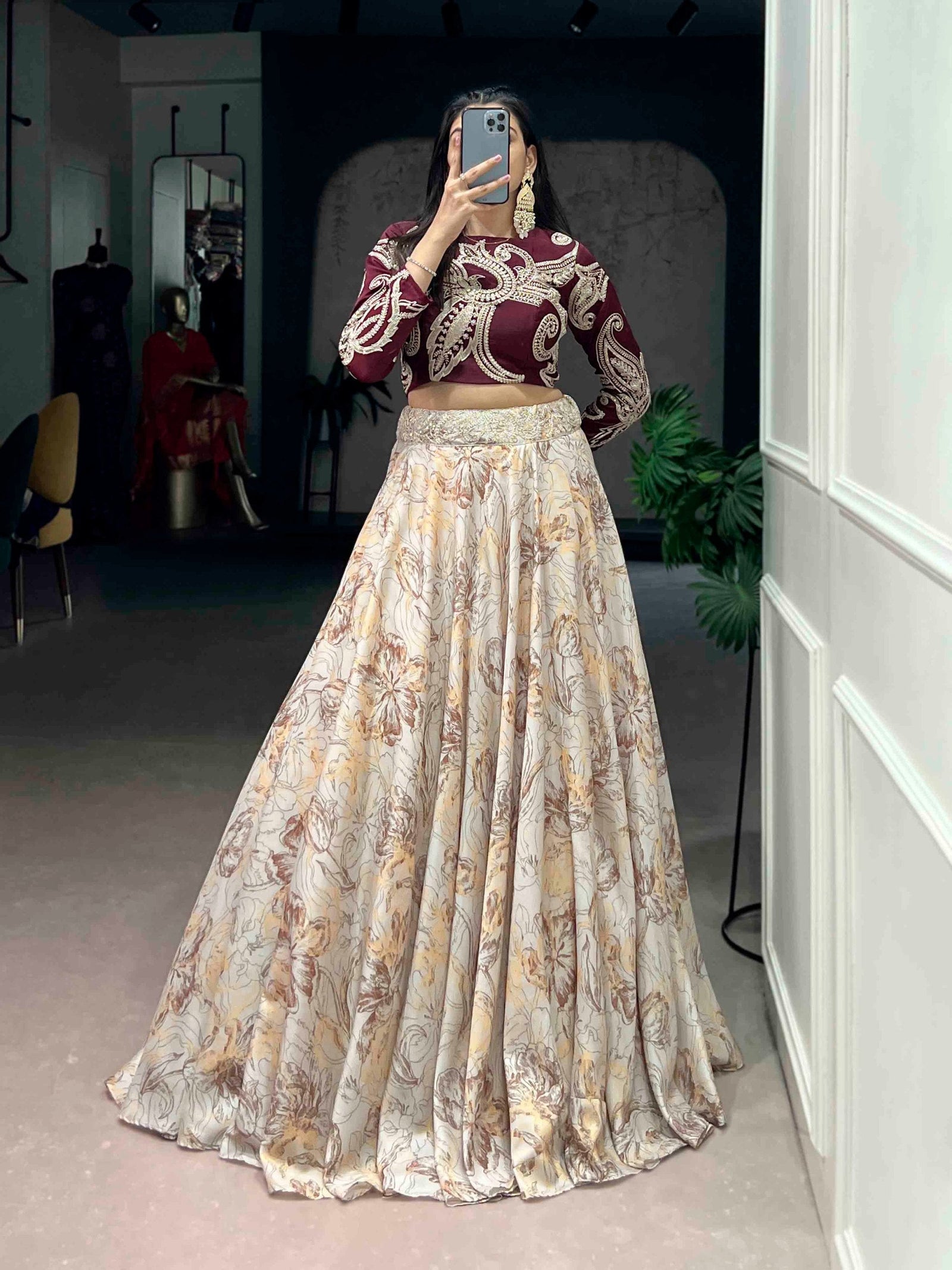 Cream Tasar Silk Lehenga & Embroidered Blouse ClothsVilla