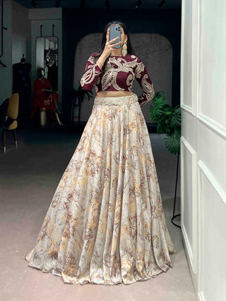 Cream Tasar Silk Lehenga & Embroidered Blouse ClothsVilla