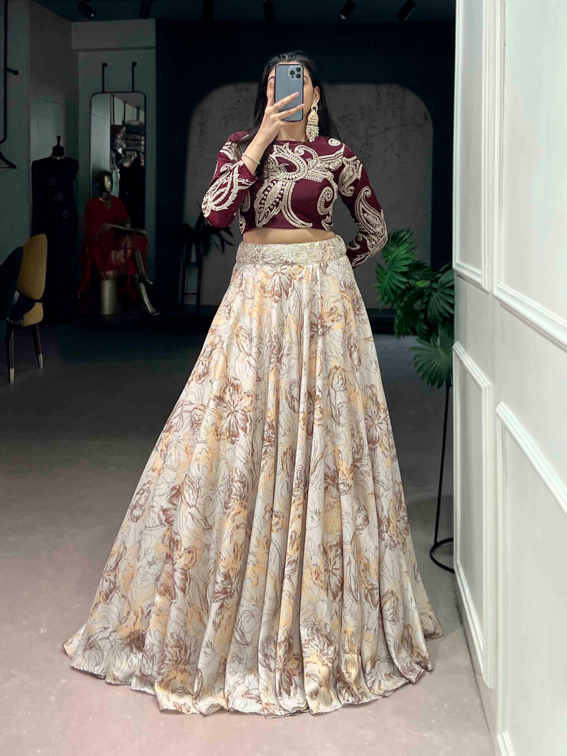 Cream Tasar Silk Lehenga & Embroidered Blouse ClothsVilla