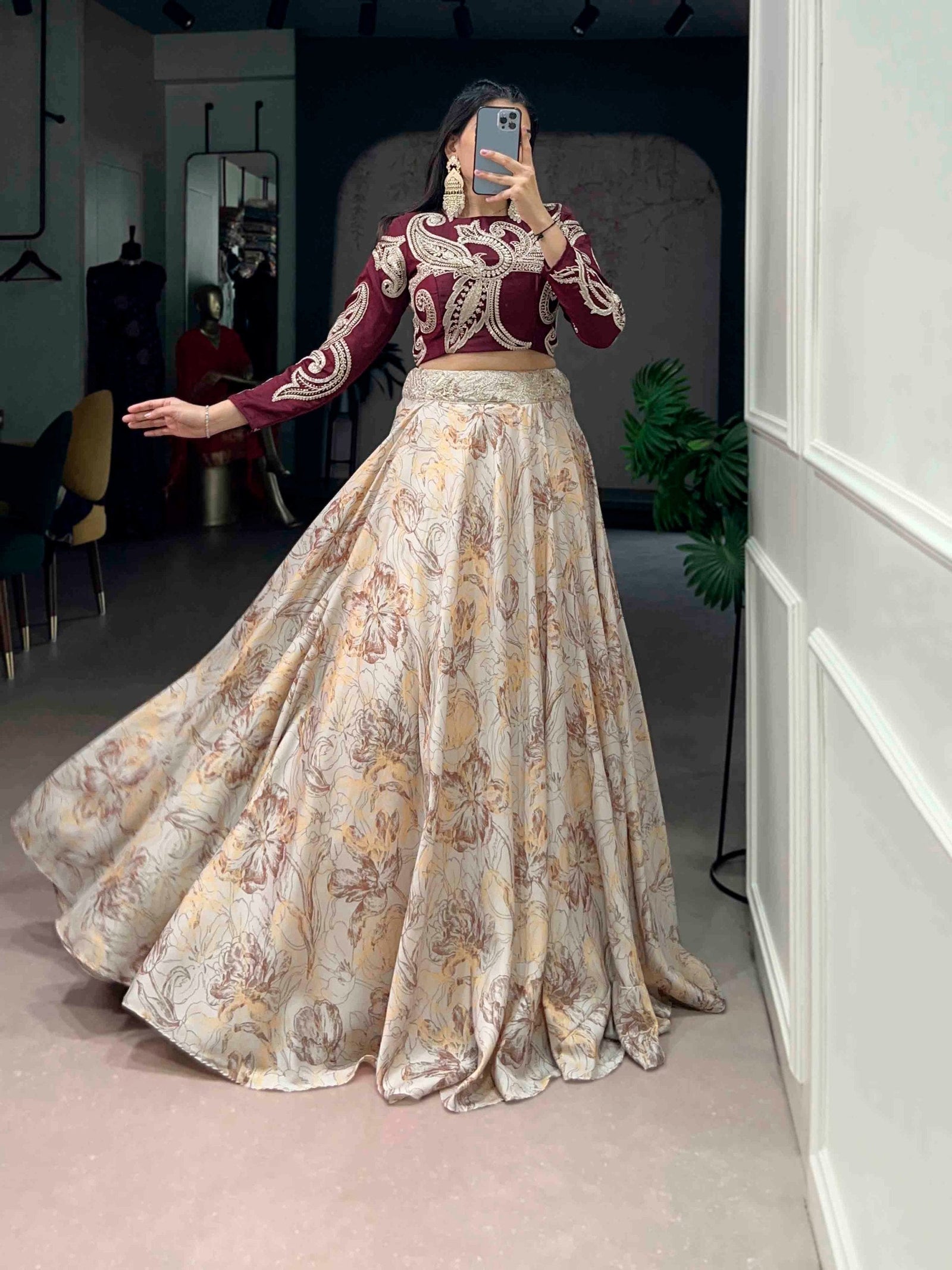 Cream Tasar Silk Lehenga & Embroidered Blouse ClothsVilla