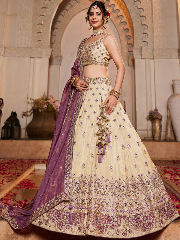Cream Tissue Semi-Stitched Lehenga Set with Purple Tissue Dupatta ClothsVilla