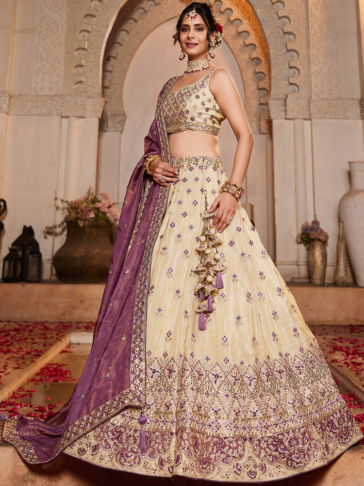 Cream Tissue Semi-Stitched Lehenga Set with Purple Tissue Dupatta ClothsVilla