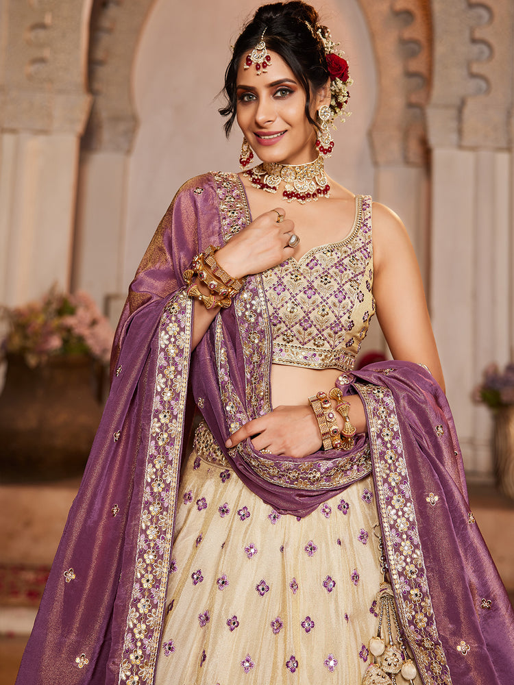 Cream Tissue Semi-Stitched Lehenga Set with Purple Tissue Dupatta ClothsVilla