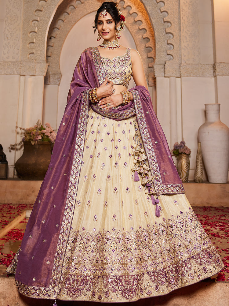 Cream Tissue Semi-Stitched Lehenga Set with Purple Tissue Dupatta ClothsVilla