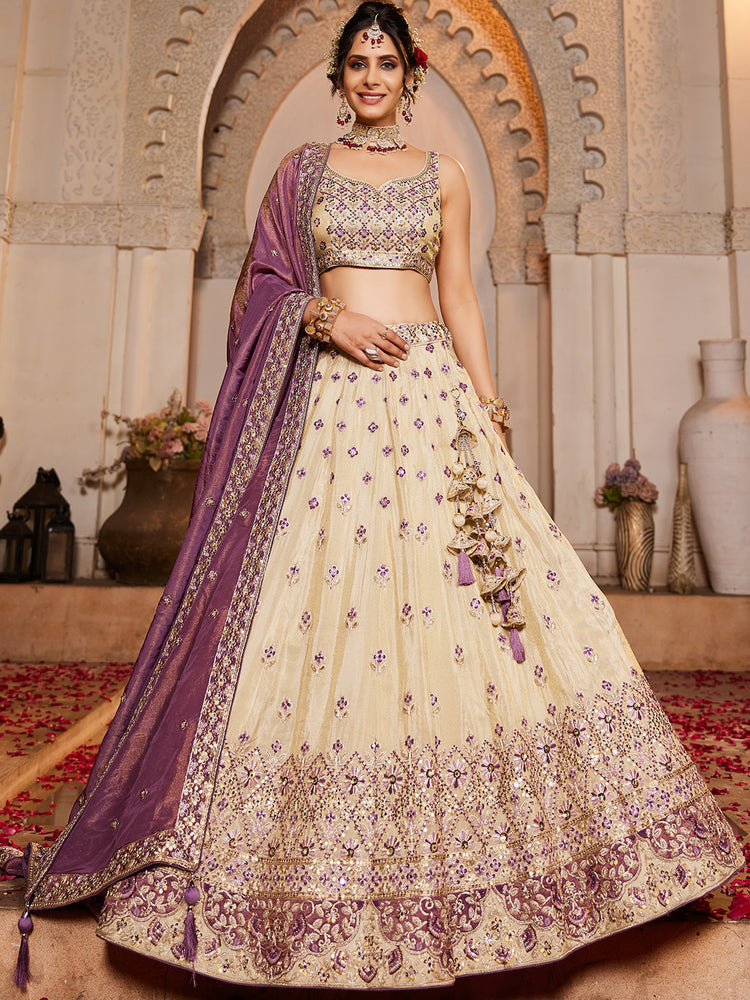 Cream Tissue Semi-Stitched Lehenga Set with Purple Tissue Dupatta ClothsVilla
