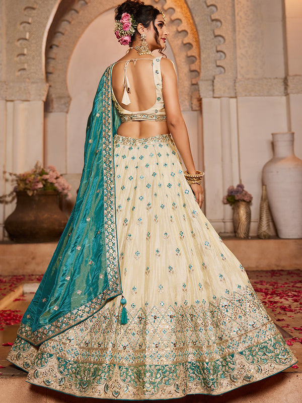 Cream Tissue Semi-Stitched Lehenga Set with Teal Tissue Dupatta ClothsVilla