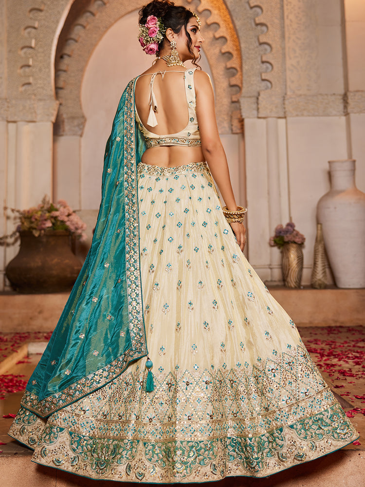 Cream Tissue Semi-Stitched Lehenga Set with Teal Tissue Dupatta ClothsVilla