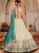 Load image into Gallery viewer, Cream Tissue Semi-Stitched Lehenga Set with Teal Tissue Dupatta ClothsVilla