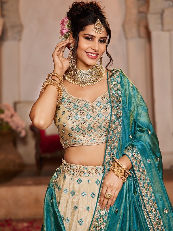 Cream Tissue Semi-Stitched Lehenga Set with Teal Tissue Dupatta ClothsVilla