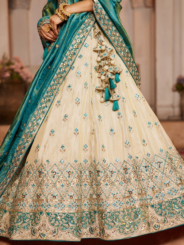 Cream Tissue Semi-Stitched Lehenga Set with Teal Tissue Dupatta ClothsVilla