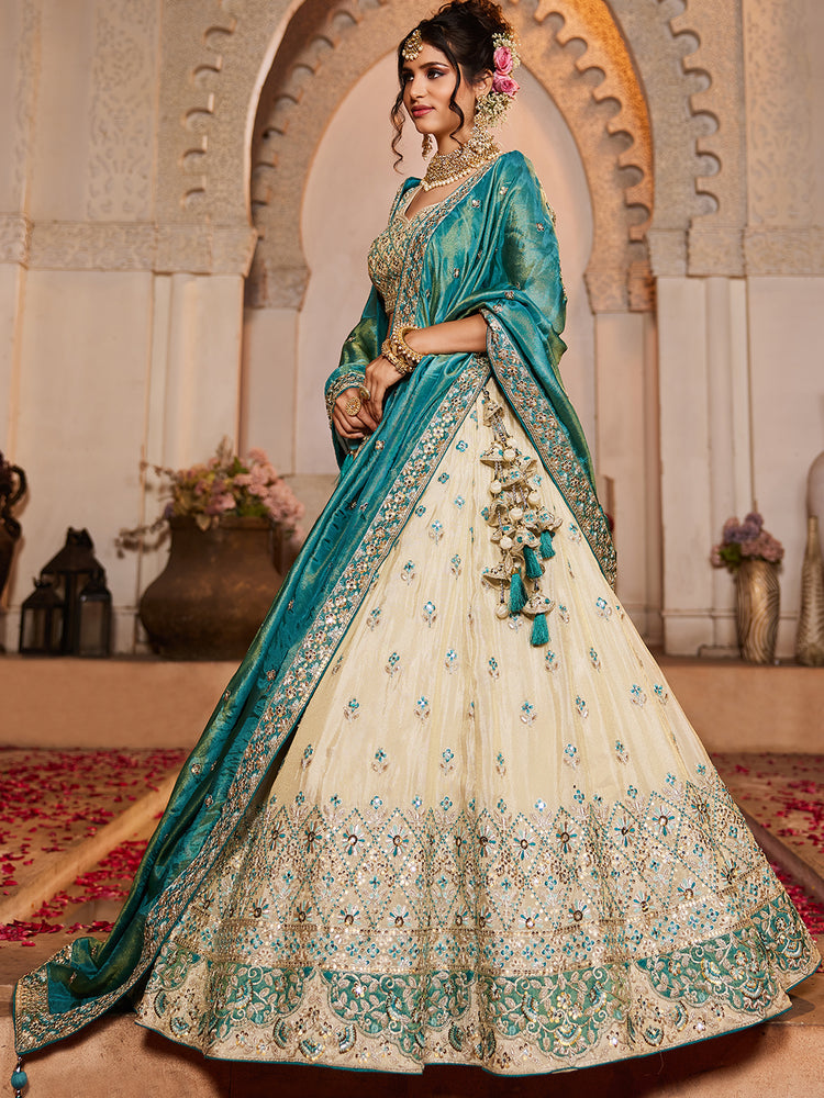 Cream Tissue Semi-Stitched Lehenga Set with Teal Tissue Dupatta ClothsVilla