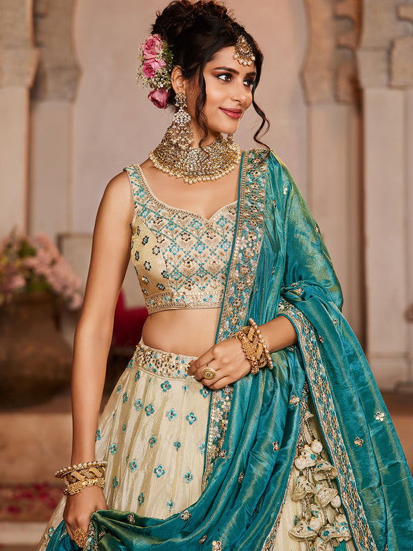 Cream Tissue Semi-Stitched Lehenga Set with Teal Tissue Dupatta ClothsVilla