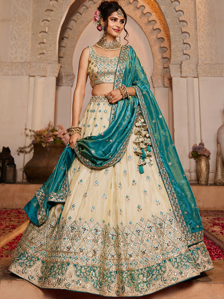 Cream Tissue Semi-Stitched Lehenga Set with Teal Tissue Dupatta ClothsVilla