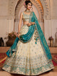 Load image into Gallery viewer, Cream Tissue Semi-Stitched Lehenga Set with Teal Tissue Dupatta ClothsVilla