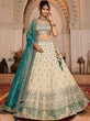 Load image into Gallery viewer, Cream Tissue Semi-Stitched Lehenga Set with Teal Tissue Dupatta ClothsVilla