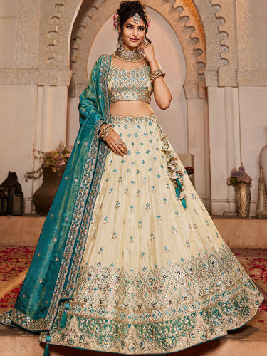 Cream Tissue Semi-Stitched Lehenga Set with Teal Tissue Dupatta ClothsVilla