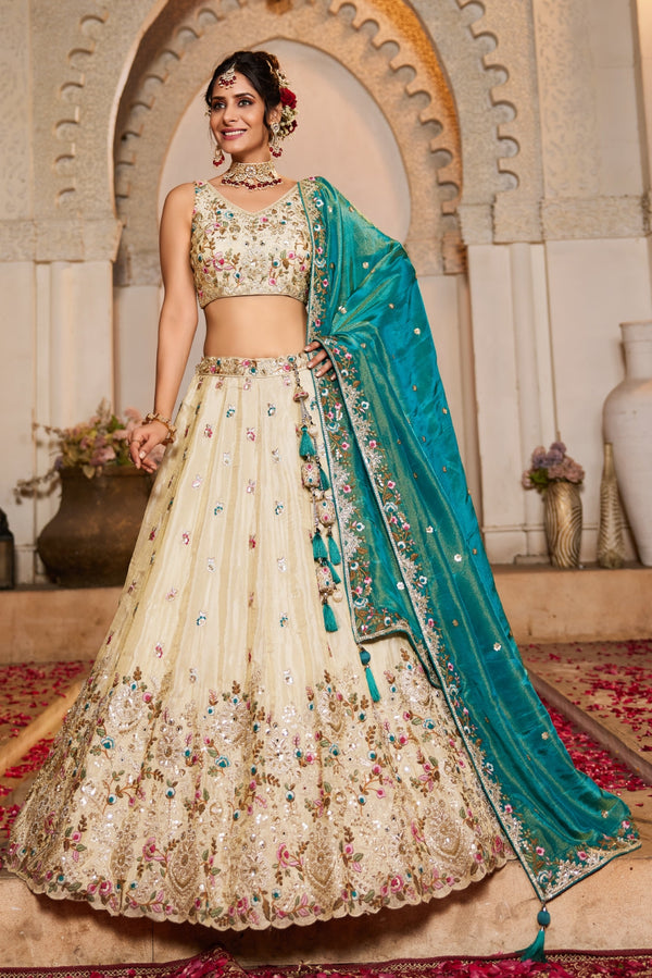 Cream Tissue Sequins Embroidered Semi-Stitched Lehenga Choli with Dupatta Clothsvilla