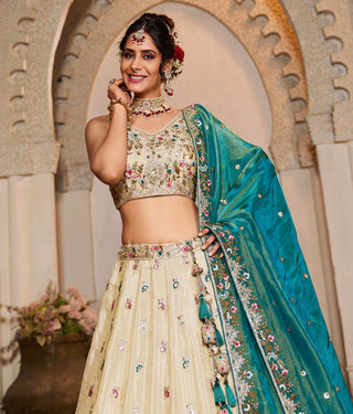 Cream Tissue Sequins Embroidered Semi-Stitched Lehenga Choli with Dupatta Clothsvilla