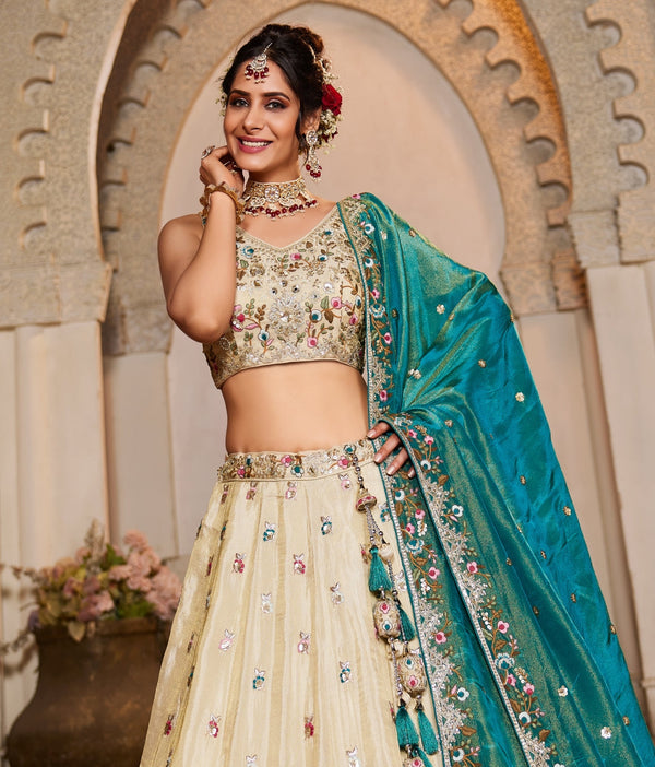 Cream Tissue Sequins Embroidered Semi-Stitched Lehenga Choli with Dupatta Clothsvilla