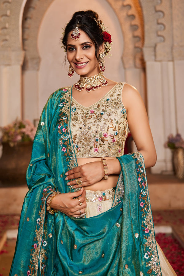 Cream Tissue Sequins Embroidered Semi-Stitched Lehenga Choli with Dupatta Clothsvilla