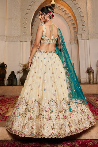 Cream Tissue Sequins Embroidered Semi-Stitched Lehenga Choli with Dupatta Clothsvilla