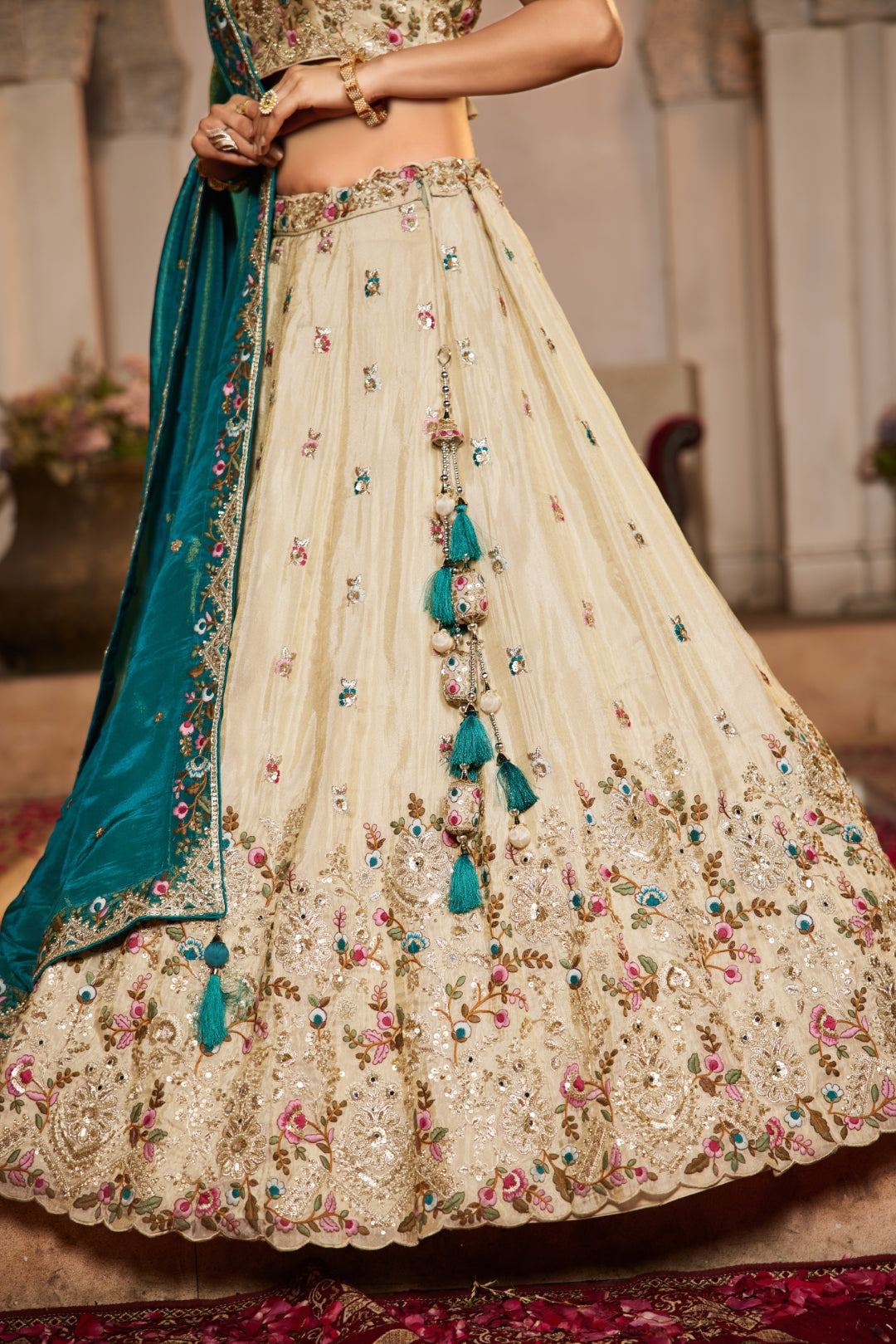 Cream Tissue Sequins Embroidered Semi-Stitched Lehenga Choli with Dupatta Clothsvilla