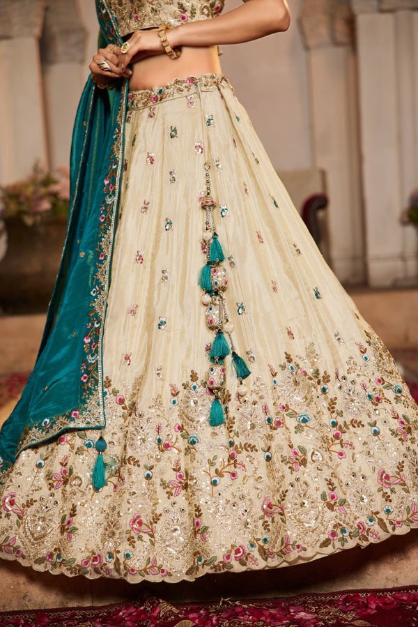 Cream Tissue Sequins Embroidered Semi-Stitched Lehenga Choli with Dupatta Clothsvilla