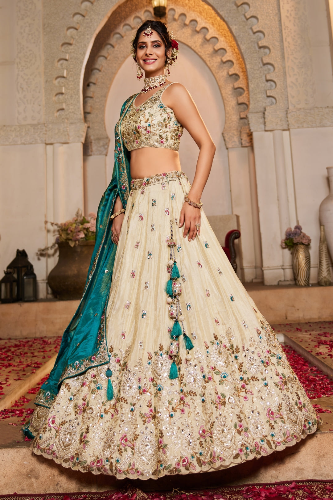 Cream Tissue Sequins Embroidered Semi-Stitched Lehenga Choli with Dupatta Clothsvilla