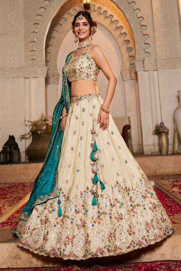 Cream Tissue Sequins Embroidered Semi-Stitched Lehenga Choli with Dupatta Clothsvilla