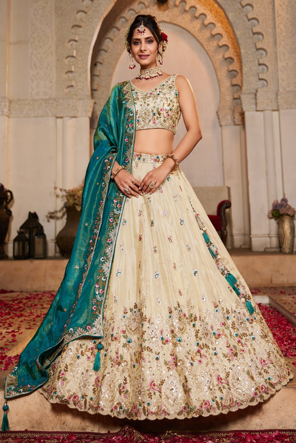 Cream Tissue Sequins Embroidered Semi-Stitched Lehenga Choli with Dupatta Clothsvilla