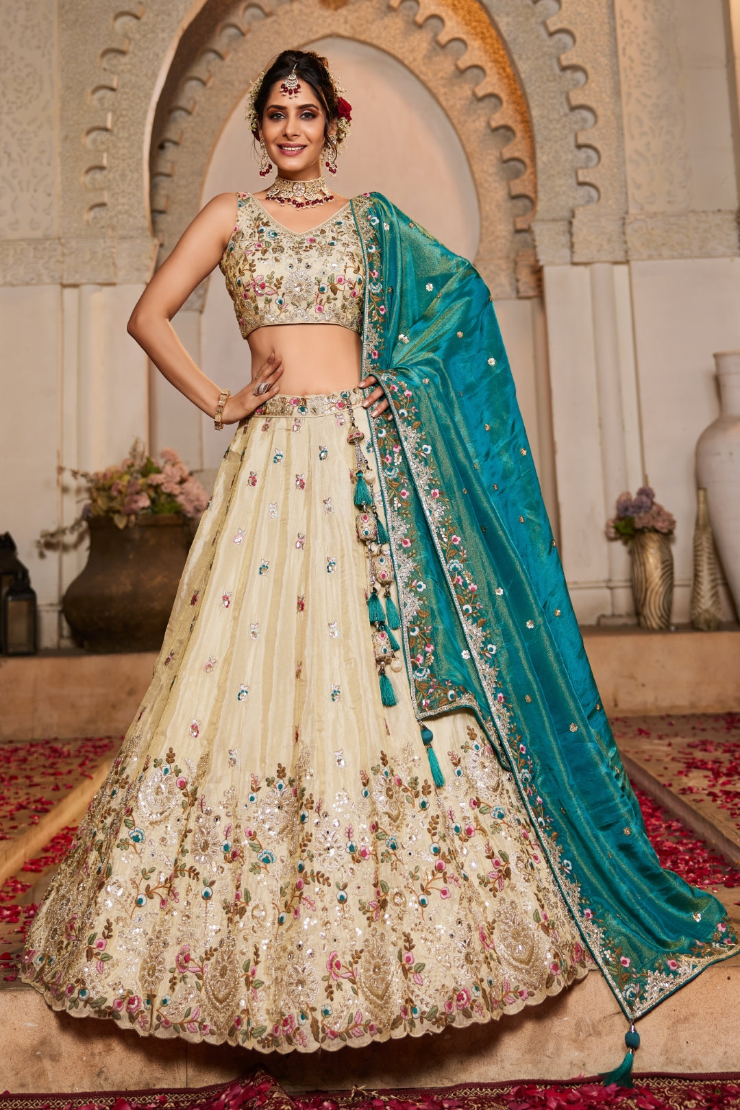 Cream Tissue Sequins Embroidered Semi-Stitched Lehenga Choli with Dupatta Clothsvilla