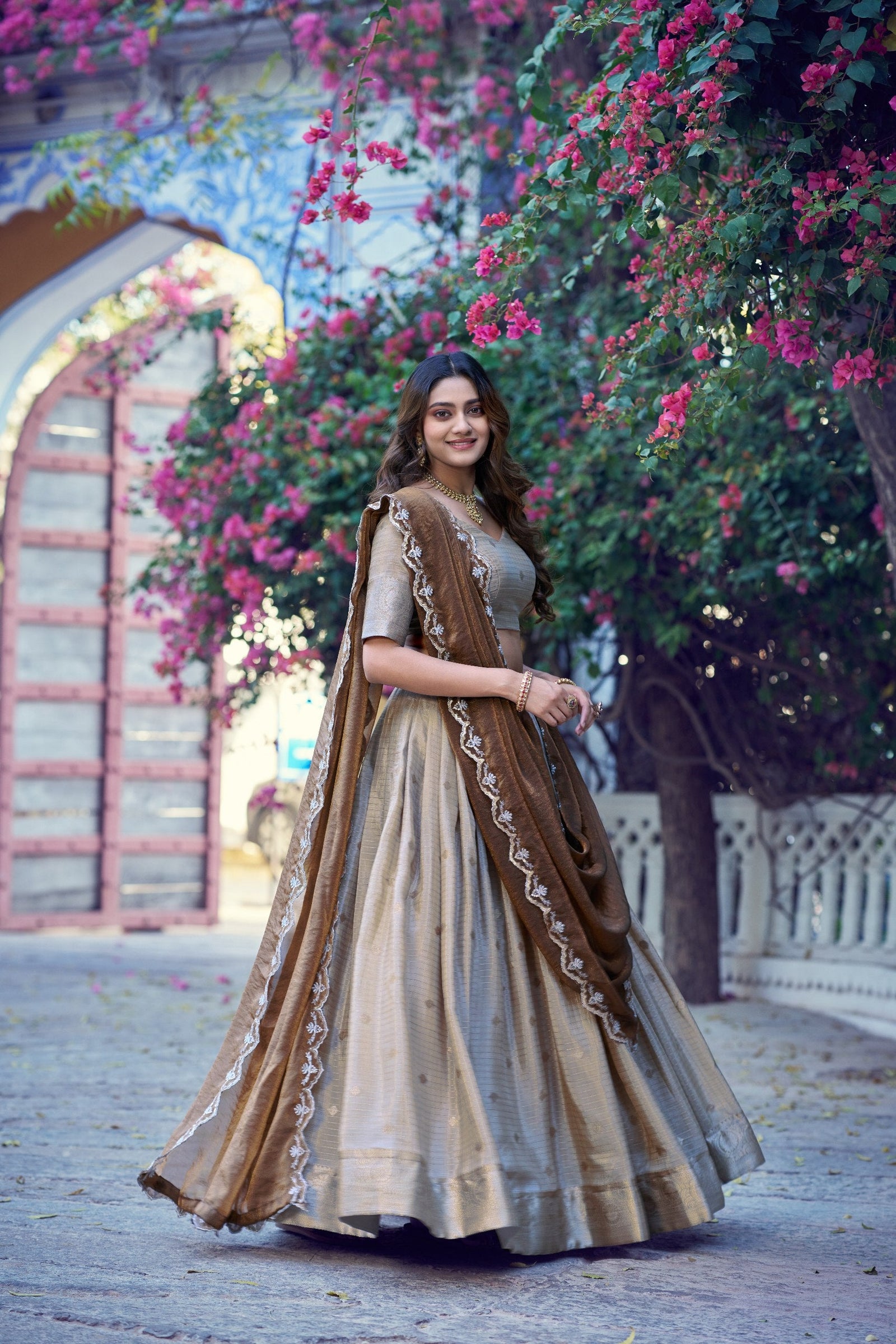 Cream Traditional Festive Checks Lehenga Set ClothsVilla