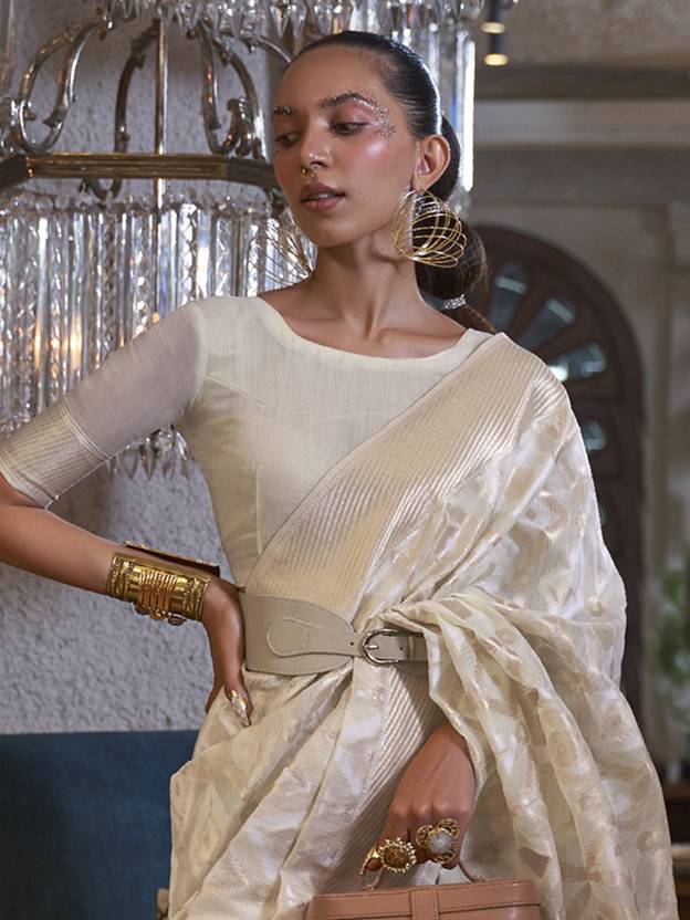 Cream Traditional Linen Banarasi Saree with Unstitched Blouse Piece Secondary image