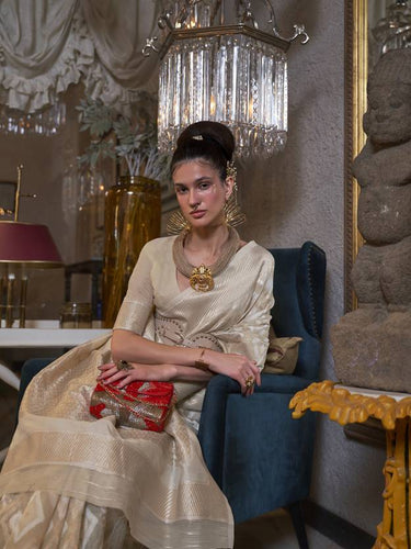 Cream Traditional Linen Banarasi Saree with Unstitched Blouse Piece ClothsVilla