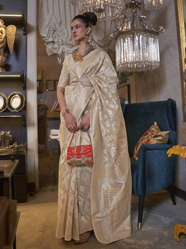 Cream Traditional Linen Banarasi Saree with Unstitched Blouse Piece ClothsVilla