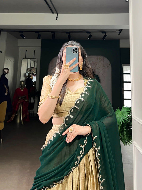Cream Traditional Poly Cotton Lehenga with Zari Weaving Work & Georgette Embroidered Dupatta – Stitched Lehenga with Unstitched Blouse Clothsvilla