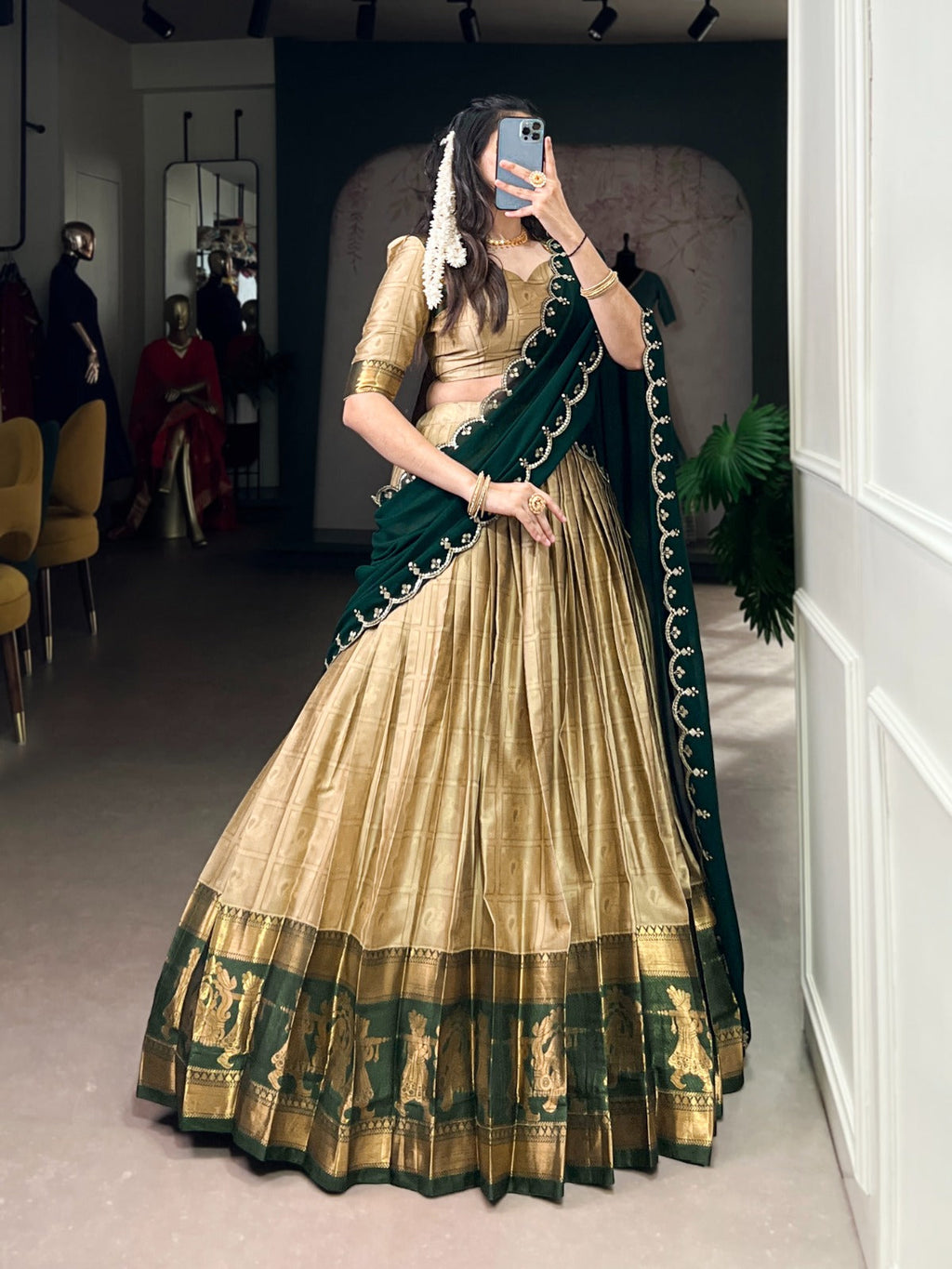 Cream Traditional Poly Cotton Lehenga with Zari Weaving Work & Georgette Embroidered Dupatta – Stitched Lehenga with Unstitched Blouse Clothsvilla