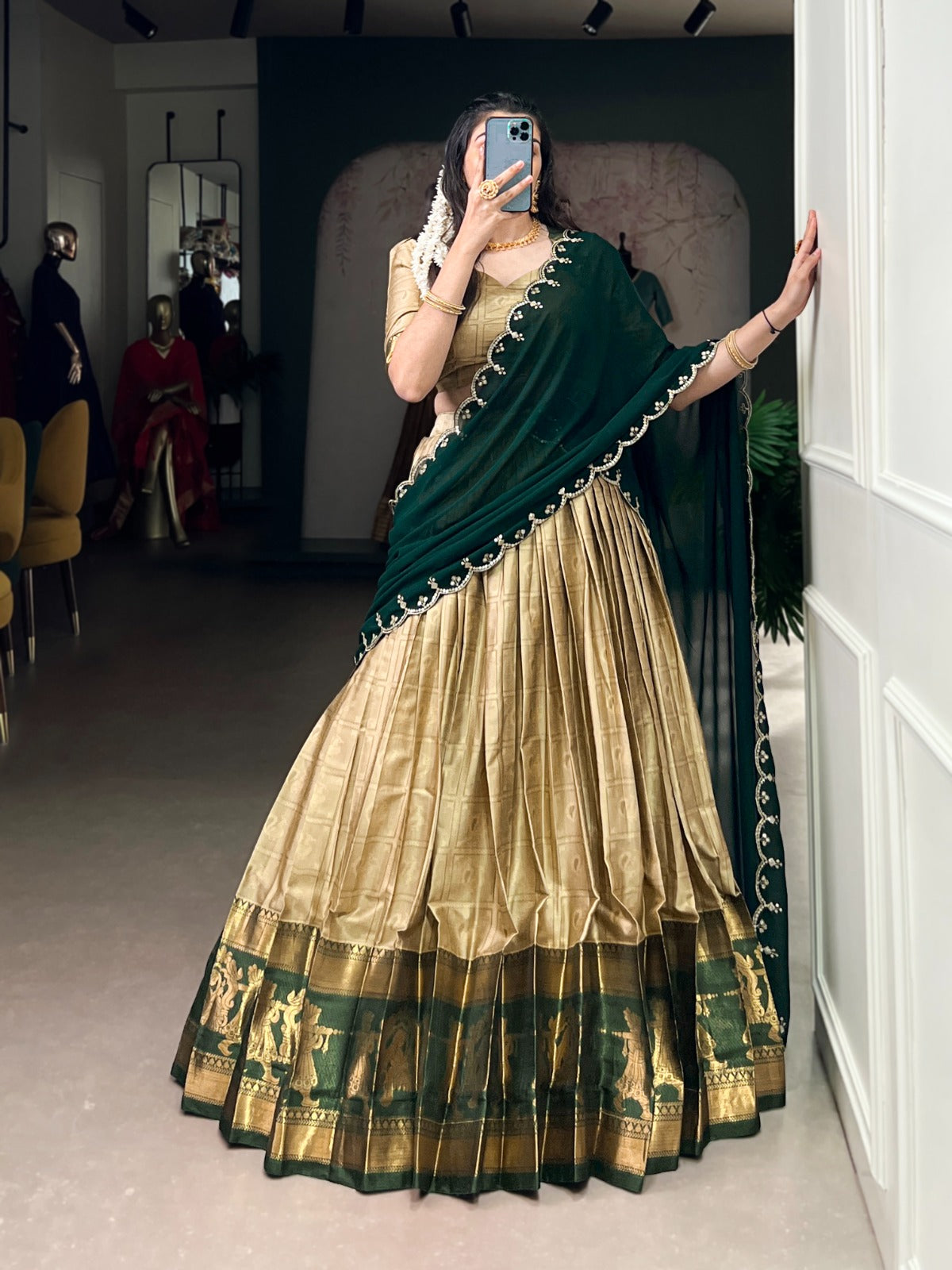 Cream Traditional Poly Cotton Lehenga with Zari Weaving Work & Georgette Embroidered Dupatta – Stitched Lehenga with Unstitched Blouse Clothsvilla